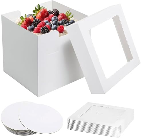 Spetsbst 10 tårtlådor 25 x 25 x 20 cm tårtkartong med transparent fönster | Återanvändbar tårtlåda kaklåda kartong tårttransportlåda (25 cm, vit, 25 cm)