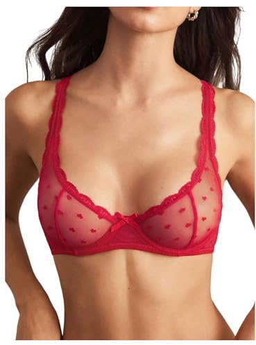 SweatyRocks Women's Sexy Triangle Bralette Lace Bow Wireless No Padded Bra | Seamless Pull On, Cute Bralette, Lace Bow Lingerie Bra Without Padding, Comfortable Everyday Bras, Red, Small