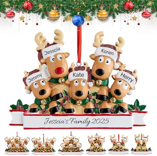Personalisierte Familien-Weihnachtsschmuck - Personalisierter Weihnachtsanhänger mit 2/3/4/5/6/7/8 Familiennamen, Rentier-Weihnachtsschmuck-Anhänger, Weihnachtsanhänger für Freunde Familie