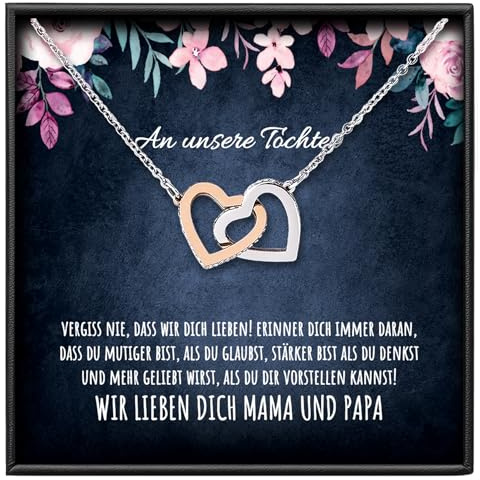 BYLITZ An meine Tochter Vergiss nie Doppelherz Karabiner Halskette mit personalisierter Karte und Geschenk- Box Kette mit Zirkonia zum Geburtstag Weihnachten