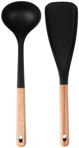 Dreuhuing Cuillères De Cuisine Pour Ustensiles Antiadhésifs,Pelle à Manche en Bois Antiadhésive - Set de Spatules Sécurisées pour Lave-Vaisselle - Pour Salade Soupe Pâtisserie Mélange Service