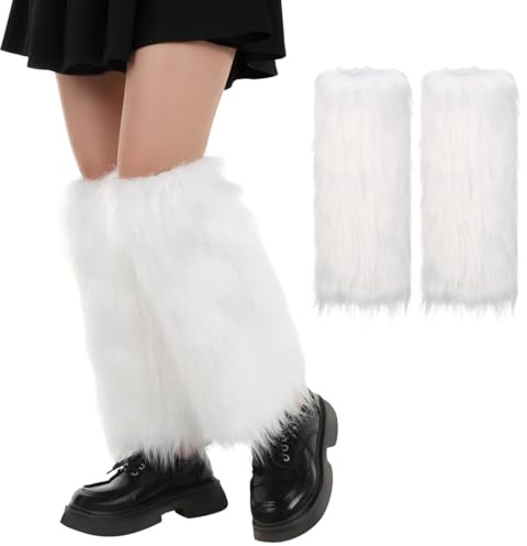 DOKRIN Guêtres femme,Jambières en fourrure pour femme, surbottes en fausse fourrure douce et chaussettes chaudes jusqu'aux genoux (blanc, 40 cm)