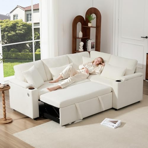 Sofá seccional extensible en forma de L, con puf convertible, espacio de almacenamiento, soporte para bebidas, puerto de carga USB, bandeja para reposabrazos y cuatro cojines. Adecuado para el salón
