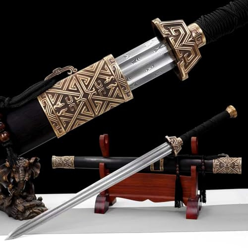 93 cm Chinesisches Schwert,Gemusterter Stahl Geschmiedet Gerades Schwert,Reines Kupferzubehör,natürlichem Drachen- und Phönix-Sandelholz Scheide,Handgefertigtes Katana Für Geschenke,Training,Cosplay