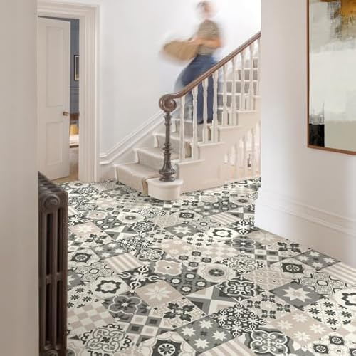 Sol Vinyle Textile Effet Carreaux de Ciment Sépia - Rouleau de 3.00m x 2m