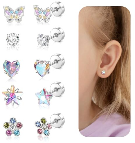 DAILI Ohrringe Mädchen, 5paar Silber Hypoallergene Flatback Ohrstecker für Kinder Babys Damen, Leichte Titan Schmetterling Herz Blume Zirkonia Ohrringe Mit Schraubverschluss für Empfindliche Ohren
