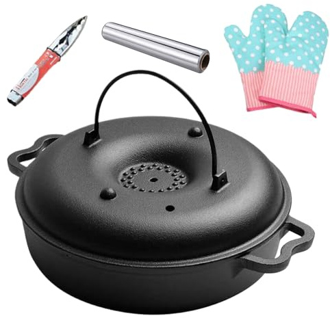 Plato para de hierro fundido - autoregadora con pinzas y guantes | antioxidante para batatas, maíz, castañas y verduras | Compatible con horno, gas y eléctrico