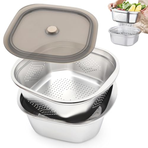 LOMUG Colador de pasta de acero inoxidable, colador de cocina con cuencos de acero inoxidable y tapa, cuenco de lavado para arroz, juego de tazón para espagueti, verduras, ensalada, fruta, 4600 ml