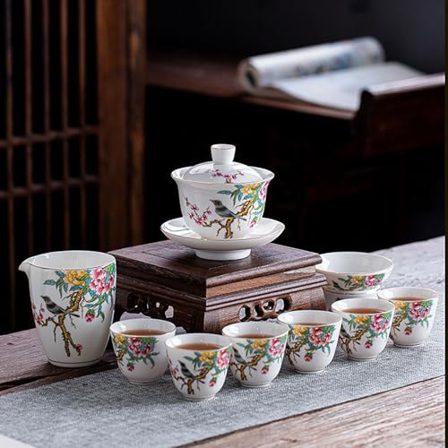 Juego de té de porcelana china con diseño de pájaros y flores, tazas, jarra, servicio completo de té con estuche de almacenamiento
