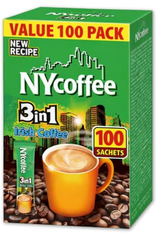 100 x Irish Flavour NY Coffee 3 in 1 Sachets – Instant Coffee Sticks – 10 Boxes x 10 Flavoured Coffee Mix Sachets for Home, Office, Travel & On-The-Go