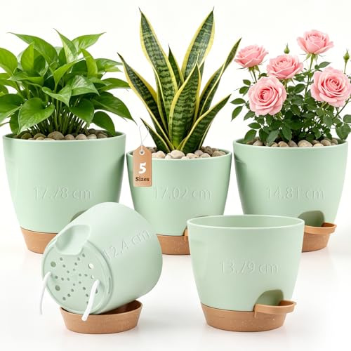 XRXYMQ Macetas Autorriego Juego de 5, Macetas con Sistema Autorriego | Tiestos para Plantas Interior con Depósito de Agua, 17,78/17,02/14,81/13,79/12,4 cm para Hierbas y Plantas Verdes, Verde
