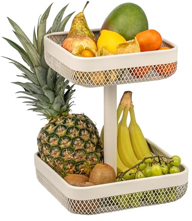 eluno 2-våningsfyrkantiga frukthyllor/brödkorg, korgar med 20 x 20 cm och 25 x 25 cm, fruktkorg för förvaring av frukt, grönsaker, bröd, kryddor och snacks i köket och vardagsrummet, av metall (beige)