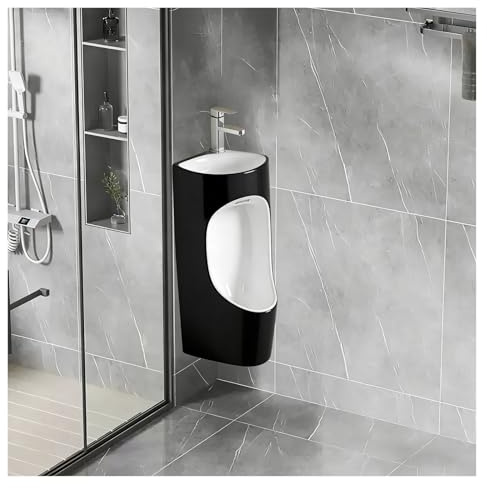 Orinatoio in ceramica a parete con lavandino salvaspazio e rubinetto, design ad angolo, orinatoio in porcellana bianca e nera, per bagno da uomo, soluzione compatta ed elegante
