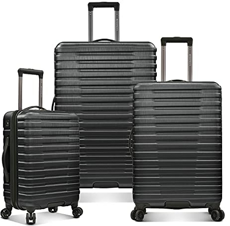 U.S. Traveler Boren Hartschalenkoffer aus Polycarbonat, robust, mit 8 Spinner-Rollen, Aluminiumgriff, Schwarz, 3-Piece Set, USB Port in Carry-On