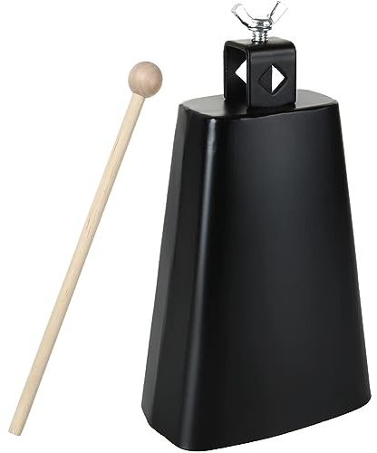 Acrux7 7 Inch Large Cow Bell Noise Makers, Metal Cowbell with Handle and Stick, Hand Percussion Music Cowbell for Sporting Events, Drum Set, Church, Weddings, Beautiful Clear Tapping Sound (Black)