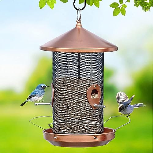Yeomoo Groß Vogelfutterhäuschen für Wildvogel Garten Draußen - mit 32CM Metall Mesh Screen Vogelfutterhaus für Vogelfutter Vogelfutterstation zum Aufhängen Geschenke für Garten Terrasse Deko Kupfer