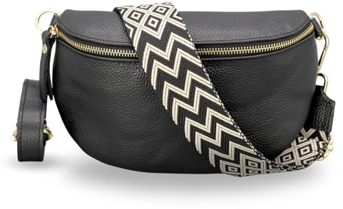 Adel Bags Bauchtasche Damen Echtleder Emma Gold Handgemachte Umhängetasche Crossbody Bag mit Optionalen Breiten Gemusterten Riemen Stylische Hüfttasche Made in Italy (Schwarz-Gold 3, Small)