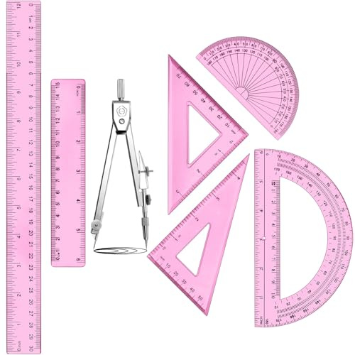 Zonon 7 Pcs Geometry Set with Drawing Compas, 6&4 Inch Protractors, Pink