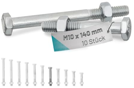 VOOXA 10St DIN931 Sechskantschrauben A2 M10x140mm+DIN934 Sechskantmutter | DIN 931 Sechskantschrauben mit Schaft Teilgewinde mit DIN 934 Mutter | für U/H-Pfostenträger | V2A Maschinenschrauben