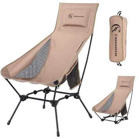 Caossuixin Campingstol, hopfällbar 120 kg, fällstol lätt med sidofickor, hopfällbar stol med högt ryggstöd, utomhus, strand, camping, stol, triangulär ram för fiske, picknick, vandring