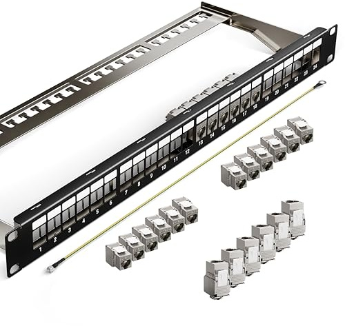 LEENUE Geschirmtes 24 Port CAT7 Patchpanel mit 24 x Cat7 Keystone RJ45 | 10 Gbit/s 600MHz, Vergoldet Keystone Patchpanel 19 Zoll patchpanel mit EMI/RFI-Schutz und Kabelmanagement-Kit