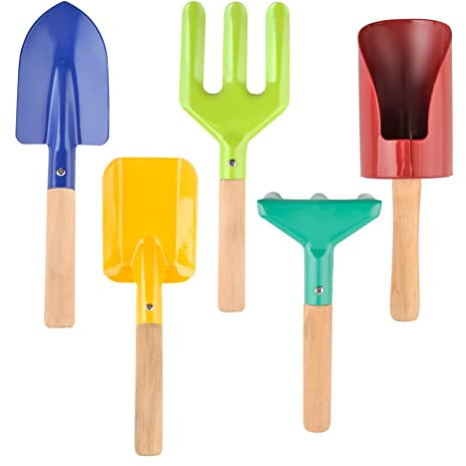 Oytrui 5 Pezzi per Bambini Set di Attrezzi da Giardinaggio, Kit per Piante da Giardino per Bambini in Metallo e Legno, Rastrello, Forchetta, per Giocattoli da Spiaggia, Strumenti di