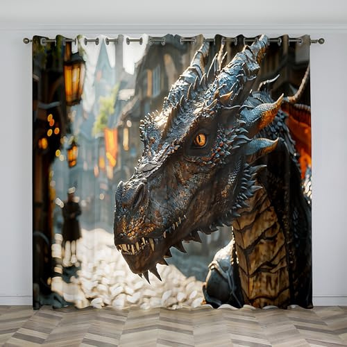 Majestic Net Curtains for Windows Dragon Blackout Curtains, 3D Printed Drape Insulated Curtains, 2 Pack with Hooks, Removable and Washable for Bedroom Living Room Kitchen Pavilion