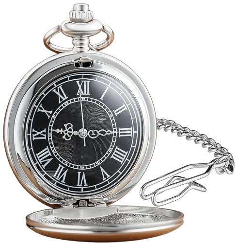 PSFXBM Pocket Watch for Men, Vintage Silver Pocket Watch with Black Dial and Chain, Roman Numerals,Elegant Flip Cover Design,for Daily Wear and Formal Occasions for Christmas Gifts Birthday