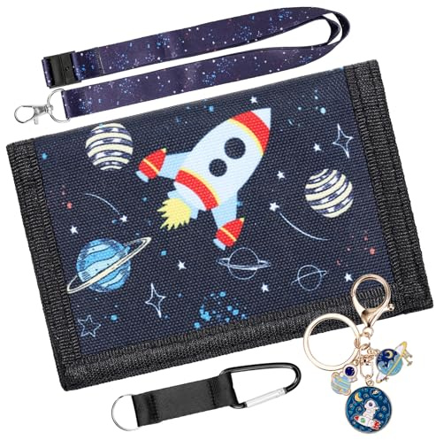Huiguli Cartera para Niños, Espacial Infantiles Monedero con Collar y Llavero, Trifold Billeteras para Niño para Escuela Viajes, Regalos de Cumpleaños Vacaciones