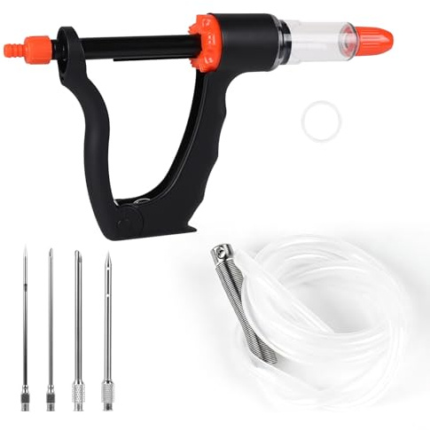lalago Jeringa Salsa BBQ Semiautomática, Inyector De Sabor con 4 Agujas y Manguera, Inyector De Carne con 3 Cantidades de Inyección, Jeringa para Cocina, para Carne de Vacuno Pollo (Set A)