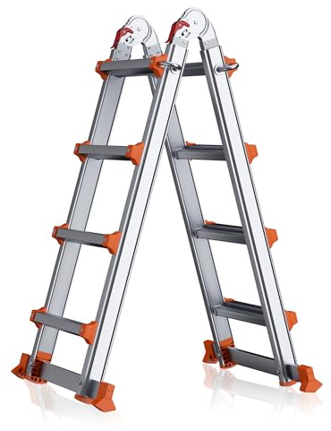 A Frame Ladder, 14Ft Aluminum Extendable Ladder with Stabilizer Bar, Easily Collapsible Telescoping Ladder for Home, Roof, Rv, Outdoor Work, 330 Lbs (Silver+Orange)