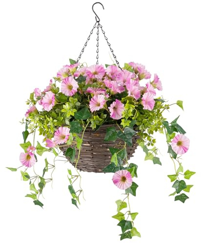 CHRISTOW Artificial Petunia Hanging Basket, Pink, 30cm | Ready to Hang Wicker Basket, Realistic Petunias, Gypsophila & Ivy, UV-Protected Foliage, Triple Steel Hanging Chain with Hook