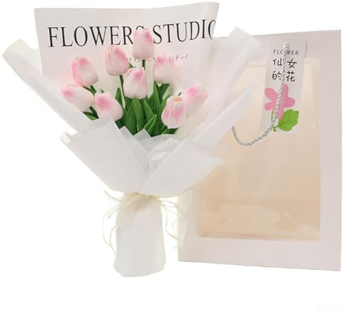 PureBowlic koreansk stil jul tulpanbukett, elegant PU konstgjorda blommor i rosa röd blå, 35 cm festlig blomsterarrangemang för semester, födelsedag, romantisk överraskning (rosa)