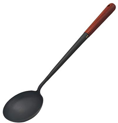 Tradizionale mestolo wok forgiato a mano, cucchiaio cinese per gnocchi di uova, cucchiaio in ferro per friggere in padella con manico in legno, lunghezza 39 cm