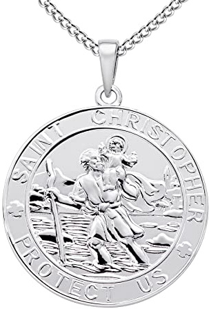 FJ Heiliger Christophorus Kette/Armband 925 Sterling Silber Antiqued Religiöser Beschützer Talisman Schmuck für Herren Damen, Runde/Medaille/Oval/Quadratisch/Medaillon
