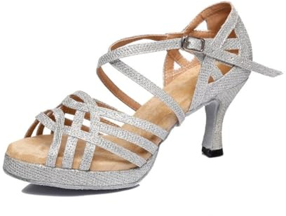 MGM-Joymod Scarpe da Donna con Punta Aperta e Cinturino Incrociato Plateau Sintetico per Salsa Tango Sandali,L392 Argento 7.5cm,38 EU