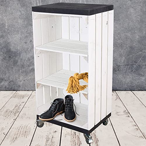 Truhenking Weißes Regal mit 2 Mittelbrettern und Bohlenbrett in Schwarz, auf Rollen 79x40x31cm Obstkisten Weinkisten