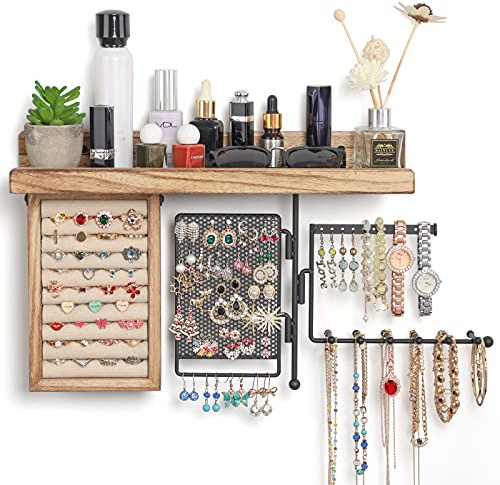 SOLIMINTR Organizador de joyas colgante de pared con estante de madera rústica, caja de exhibición de anillos, soporte para aretes, organizador giratorio para collares