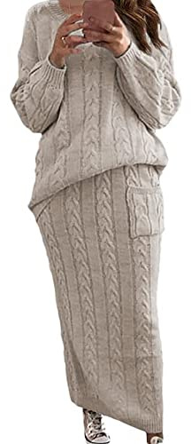 CHARTOU Women's Winter Chunky Cable Knit Long Skirt 2 Piece Outfit Sweater Sets (X-Large, Apricot)