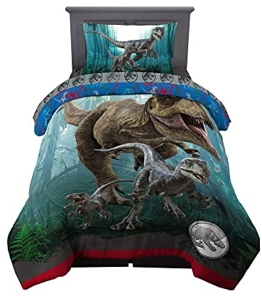 Franco Jurassic World Dominion Blue Velociraptor och Rexy T-Rex supermjuk mikrofiber vändbart täcke, dubbel storlek, sängkläder barn