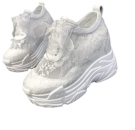 CDZL Scarpe Bianche Interne in Rete di Pizzo Che Aumentano L'altezza Sneakers da Donna con Plateau in Rete Comodi Sandali con Zeppa Scarpe Casual Traspiranti (Color : White, Shoe Size : 39 EU)