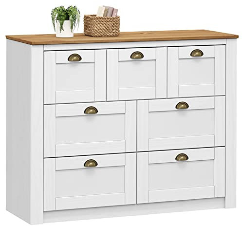 IDIMEX Sideboard Bolton aus Kiefer weiß/braun Massivholz, Kommode mit 7 Schubladen mit Muschelgriffen, Sideboard im Landhausstil aus Massivholz
