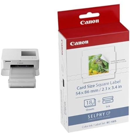 Canon SELPHY CP1500 Mini Fotodrucker (Druck bis Postkartengröße 10x15cm, USB-C, WLAN, kabellos) weiß, Klein & KC-18 is 5 x 5cm Sticker-Papier für Selphy Drucker