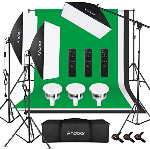 Andoer Kit de studio photo, 2 mx3 m, système de support de fond avec boîte à lumière, lumière constante, sac de transport pour portraits, photographie de produits et enregistrement vidéo