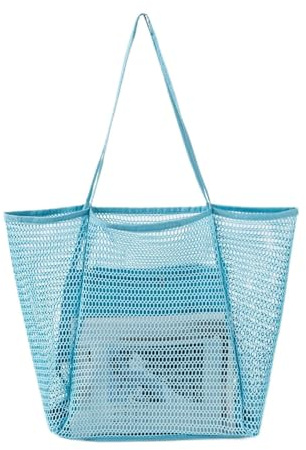 NLAND Große Mesh Strandtasche Damen Faltbare Umhängetasche mit Reißverschluss Einkaufstaschen für Shopper Reise (Blau)