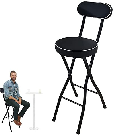 Barhocker Klappbar, Barstuhl mit Rückenlehne und Fußstütze, Küchenstühle Rund, PU Gepolstert Bistrohocker Aus Metall, Tresenhocker für Speisesaal, Theke, Café, Bar (Color : Black, Size : 65cm/26inch