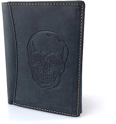 BUFFALO HILL Geldbörse I Totenkopf Motiv I Büffelleder Portmonee I Echtleder Geldbeutel I Hochformat Portemonnaie Herren I RFID-Schutz I Ledergeldbörse mit Münzfach I 11 Kartenfächer I 2395 (Schwarz)