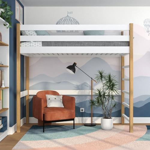 N-wood N01 Hochbett, Etagenbett 90x200 cm, aus Eichenholz, 2 Leitermontageseiten: Links oder rechts, sichere abgerundete Kanten, Stabile Massivholzkonstruktion, Hochwertige Materialien, Weißeiche
