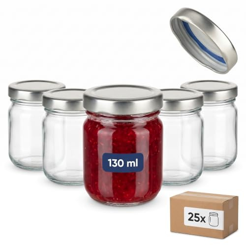 gouveo Lot de 25 bocaux 125 ml (0,13 l) Twist-Off Sturzglas/Helix ronds en verre transparent pour confiture portions et conservation (HEG125SBS)