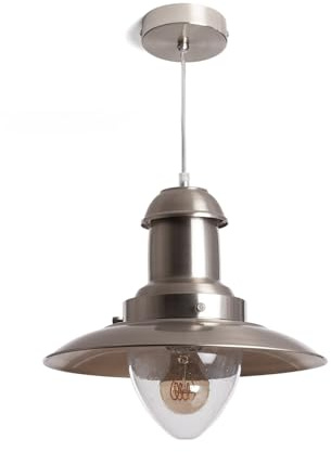 LEDKIA Pendelleuchte aus satiniertem Nickel Fisherman Nickel | Höhenverstellbares Kabel | Geeignet für E27 LED-Glühbirnen | Retro-Design für Wohnzimmer, Küche
